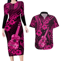 Hawaii Ukulele Couples Matching Long Sleeve Bodycon Dress and Hawaiian Shirt Polynesian Pattern Pink Version - Wonder Print Shop