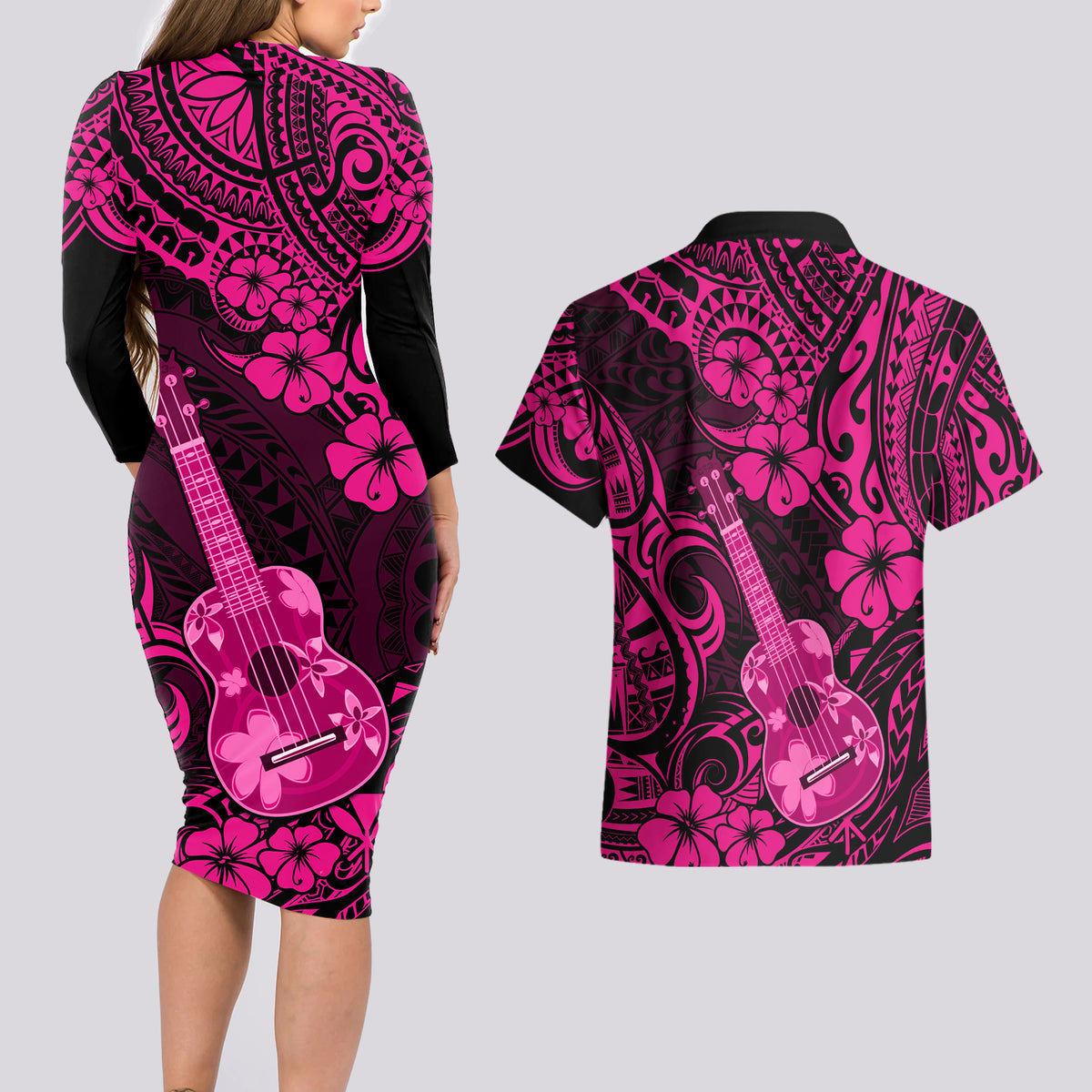 Hawaii Ukulele Couples Matching Long Sleeve Bodycon Dress and Hawaiian Shirt Polynesian Pattern Pink Version - Wonder Print Shop