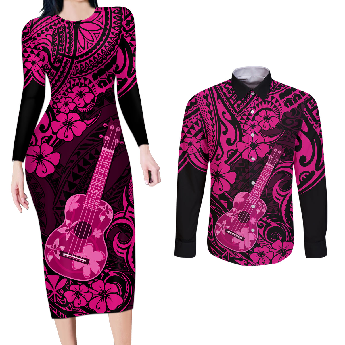 Hawaii Ukulele Couples Matching Long Sleeve Bodycon Dress and Long Sleeve Button Shirts Polynesian Pattern Pink Version - Wonder Print Shop