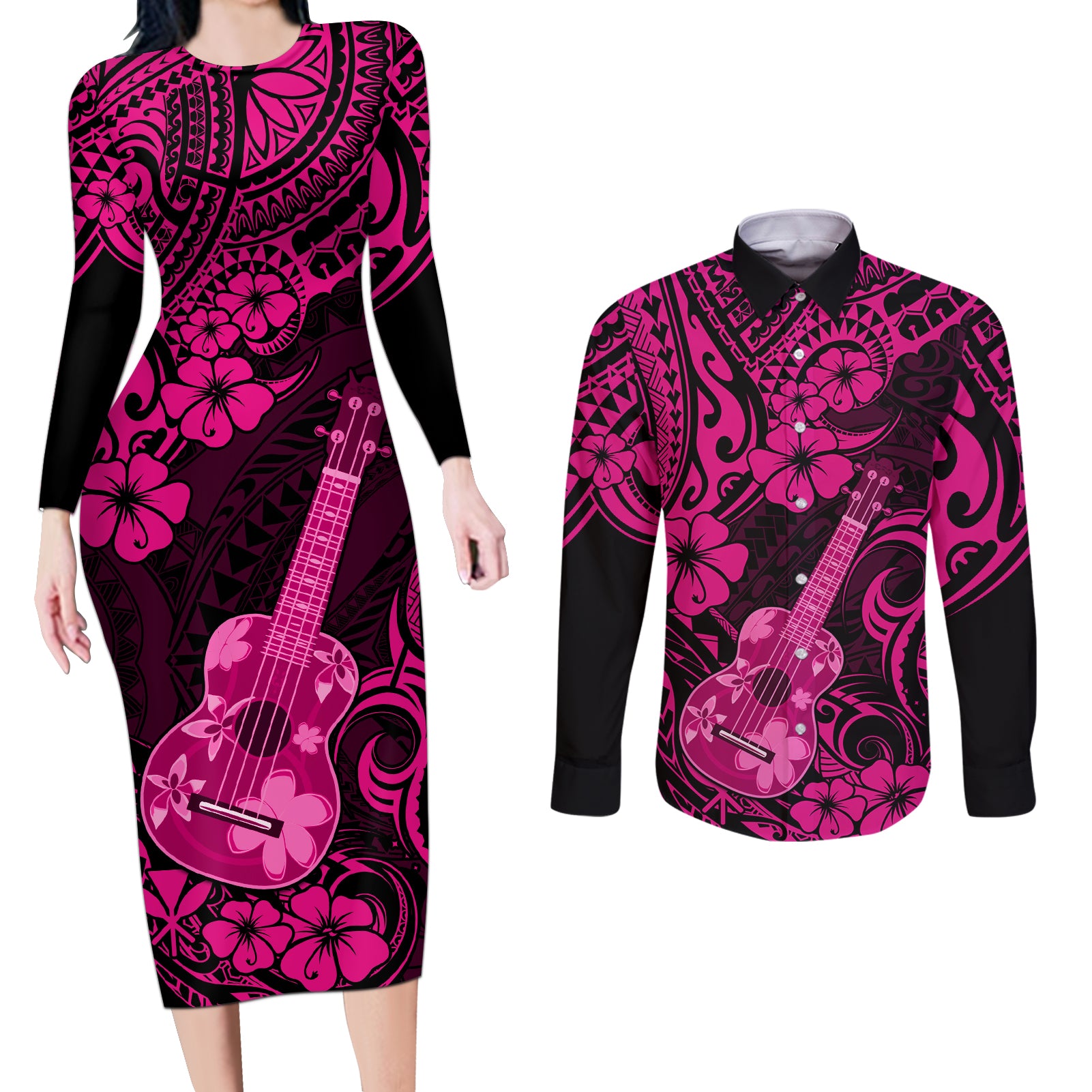 Hawaii Ukulele Couples Matching Long Sleeve Bodycon Dress and Long Sleeve Button Shirts Polynesian Pattern Pink Version - Wonder Print Shop