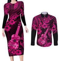 Hawaii Ukulele Couples Matching Long Sleeve Bodycon Dress and Long Sleeve Button Shirts Polynesian Pattern Pink Version - Wonder Print Shop