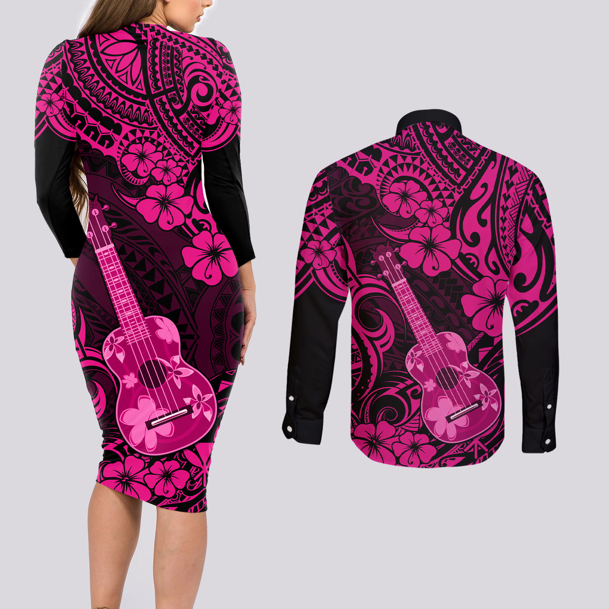 Hawaii Ukulele Couples Matching Long Sleeve Bodycon Dress and Long Sleeve Button Shirts Polynesian Pattern Pink Version - Wonder Print Shop