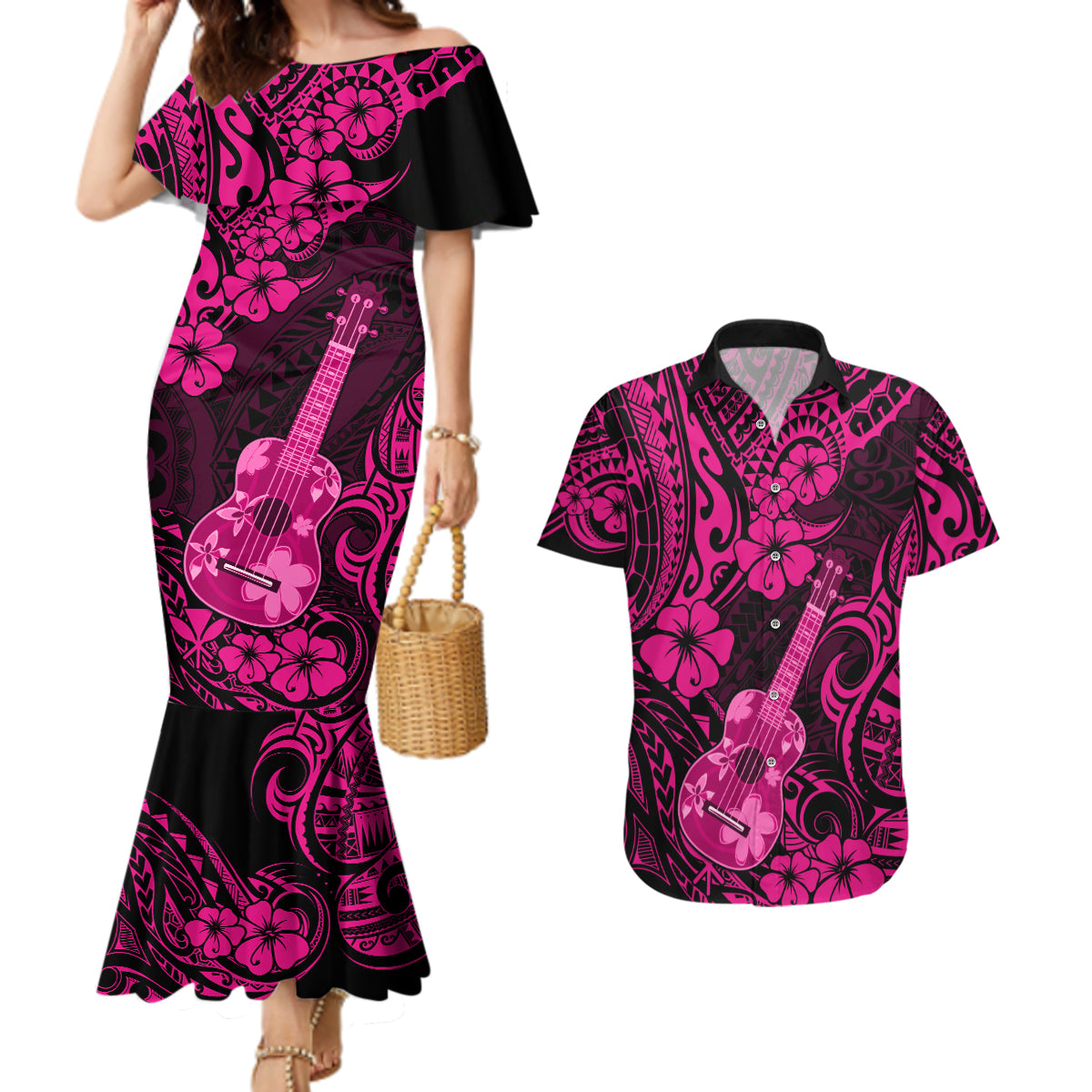 Hawaii Ukulele Couples Matching Mermaid Dress and Hawaiian Shirt Polynesian Pattern Pink Version - Wonder Print Shop