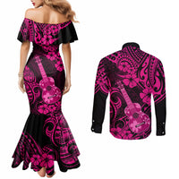 hawaii-ukulele-couples-matching-mermaid-dress-and-long-sleeve-button-shirts-polynesian-pattern-pink-version