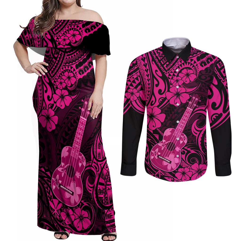 Hawaii Ukulele Couples Matching Off Shoulder Maxi Dress and Long Sleeve Button Shirts Polynesian Pattern Pink Version - Wonder Print Shop