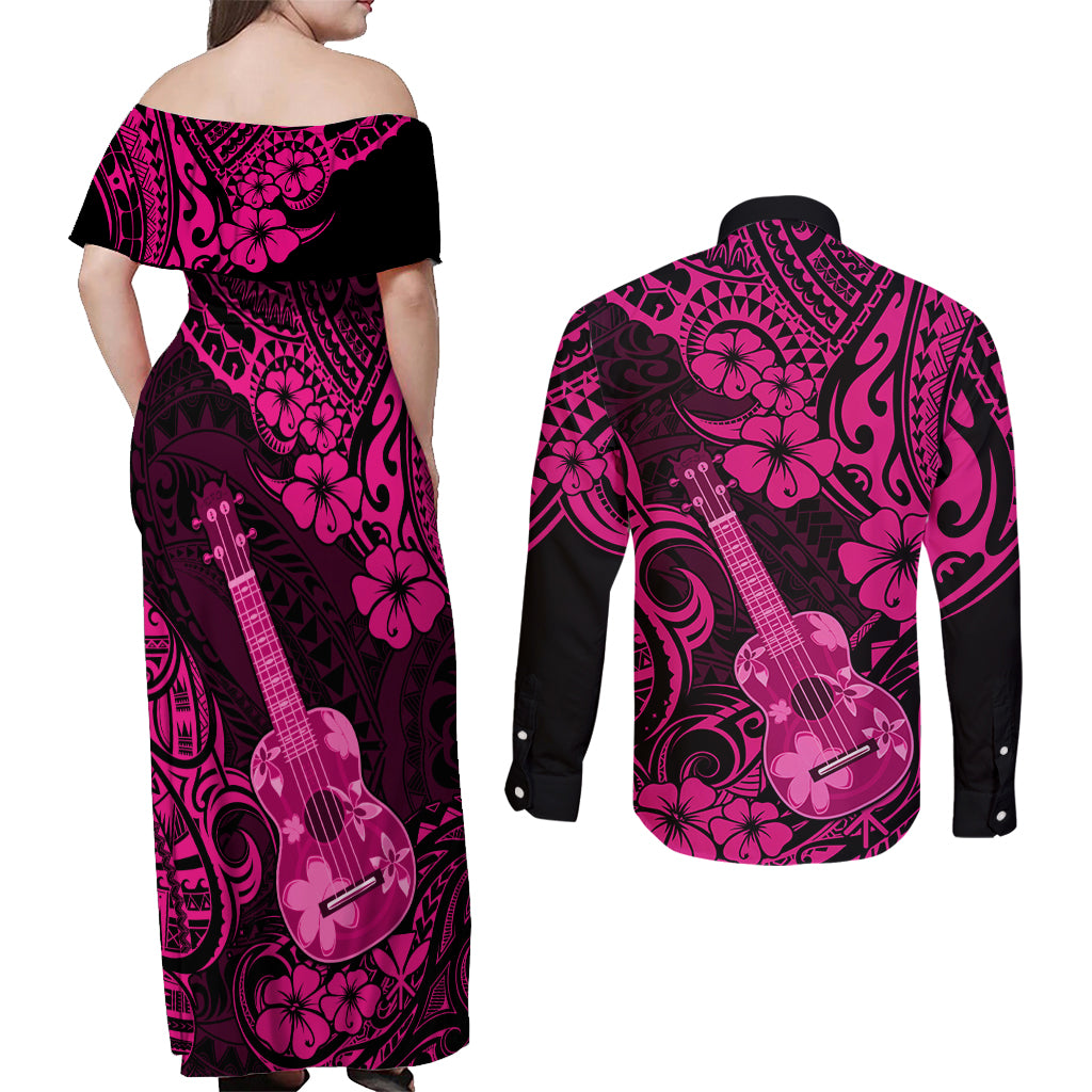 Hawaii Ukulele Couples Matching Off Shoulder Maxi Dress and Long Sleeve Button Shirts Polynesian Pattern Pink Version - Wonder Print Shop
