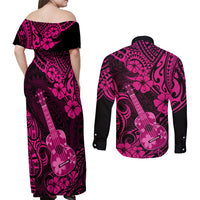 Hawaii Ukulele Couples Matching Off Shoulder Maxi Dress and Long Sleeve Button Shirts Polynesian Pattern Pink Version - Wonder Print Shop