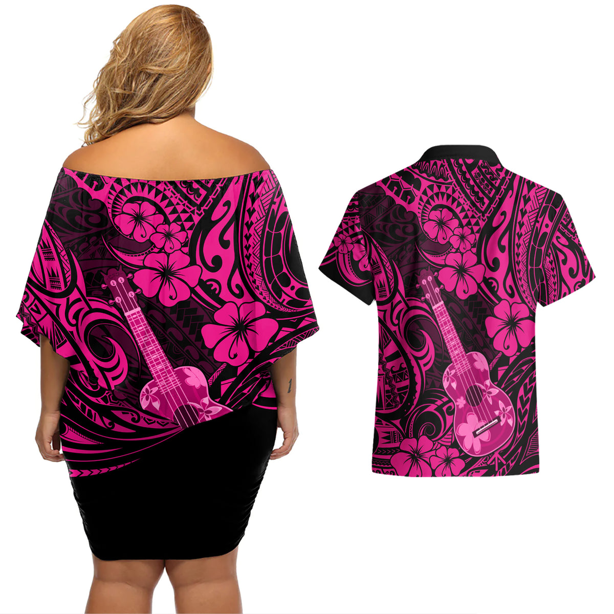 Hawaii Ukulele Couples Matching Off Shoulder Short Dress and Hawaiian Shirt Polynesian Pattern Pink Version - Wonder Print Shop