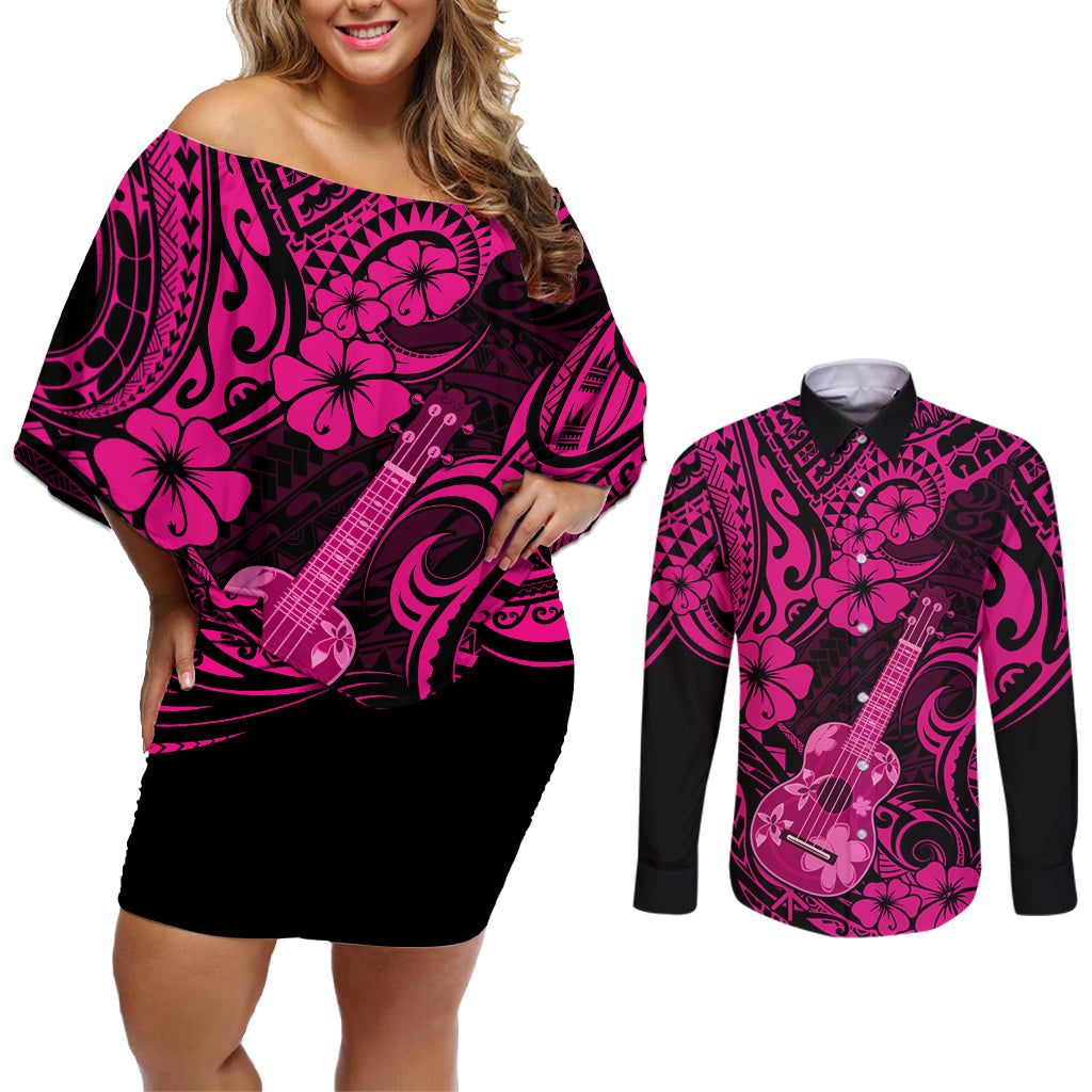 Hawaii Ukulele Couples Matching Off Shoulder Short Dress and Long Sleeve Button Shirts Polynesian Pattern Pink Version - Wonder Print Shop