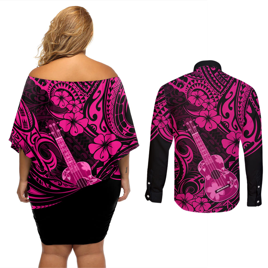 Hawaii Ukulele Couples Matching Off Shoulder Short Dress and Long Sleeve Button Shirts Polynesian Pattern Pink Version - Wonder Print Shop