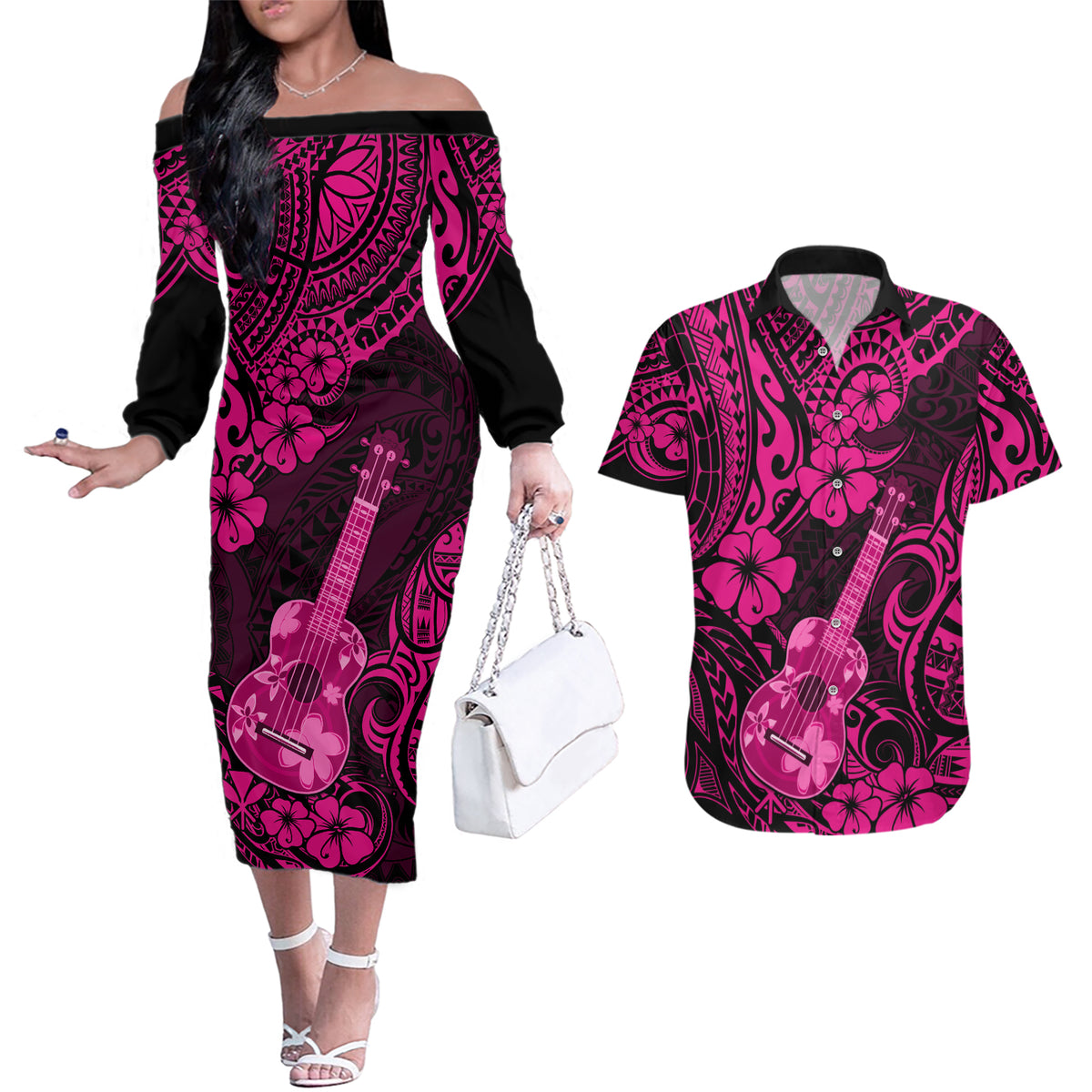 Hawaii Ukulele Couples Matching Off The Shoulder Long Sleeve Dress and Hawaiian Shirt Polynesian Pattern Pink Version - Wonder Print Shop