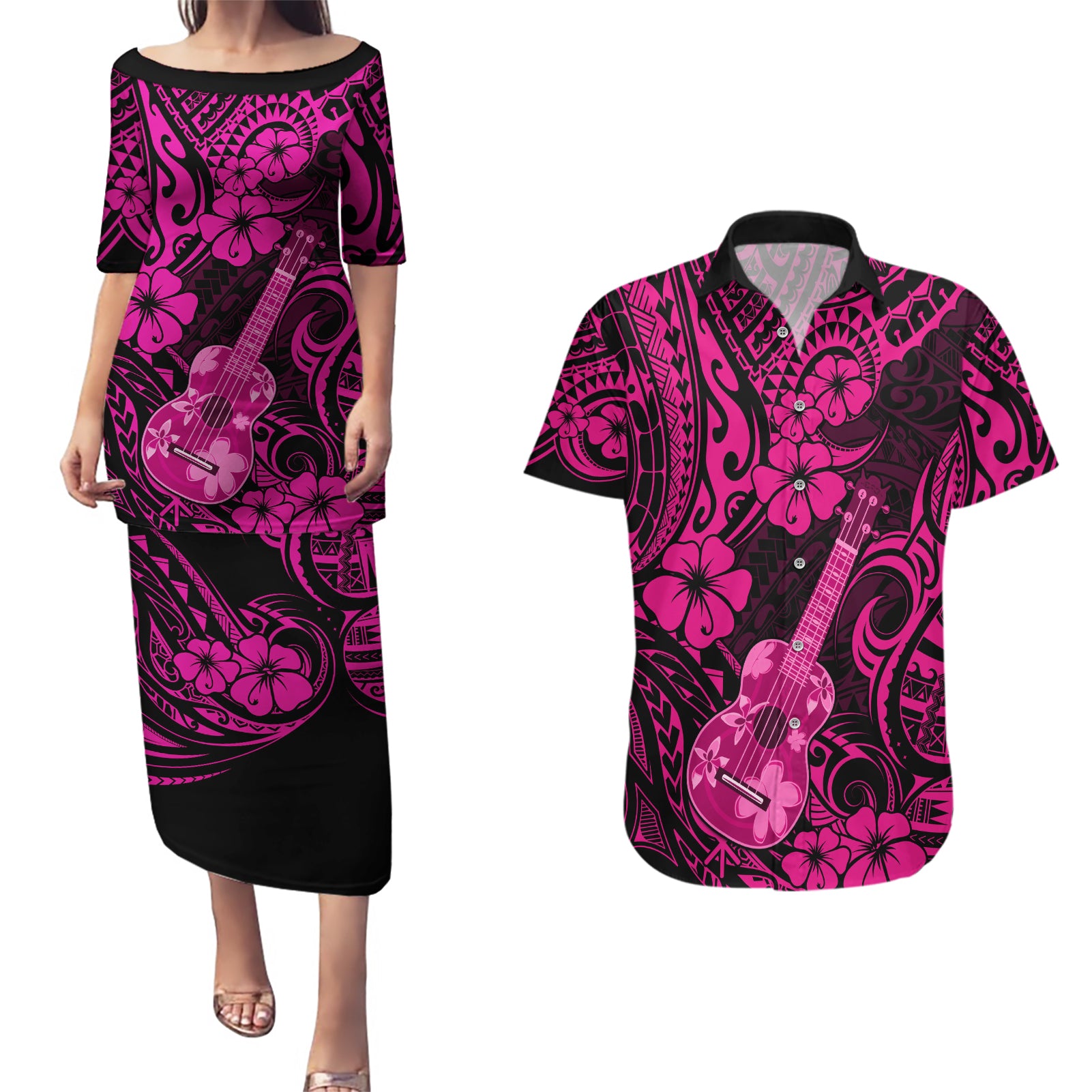 Hawaii Ukulele Couples Matching Puletasi Dress and Hawaiian Shirt Polynesian Pattern Pink Version - Wonder Print Shop