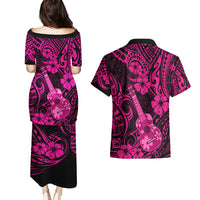 Hawaii Ukulele Couples Matching Puletasi Dress and Hawaiian Shirt Polynesian Pattern Pink Version - Wonder Print Shop