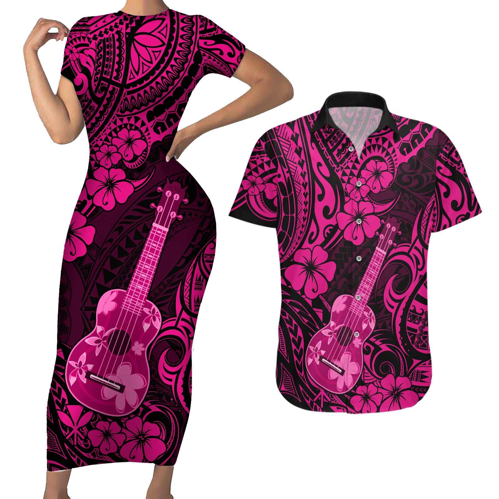 Hawaii Ukulele Couples Matching Short Sleeve Bodycon Dress and Hawaiian Shirt Polynesian Pattern Pink Version - Wonder Print Shop