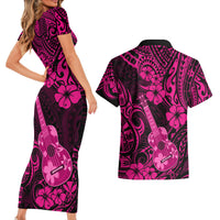 Hawaii Ukulele Couples Matching Short Sleeve Bodycon Dress and Hawaiian Shirt Polynesian Pattern Pink Version - Wonder Print Shop
