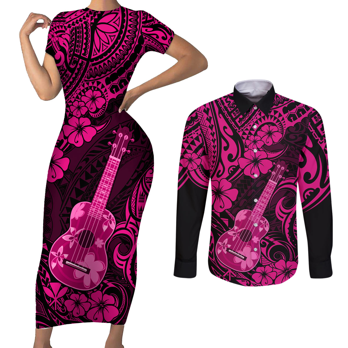 Hawaii Ukulele Couples Matching Short Sleeve Bodycon Dress and Long Sleeve Button Shirts Polynesian Pattern Pink Version - Wonder Print Shop