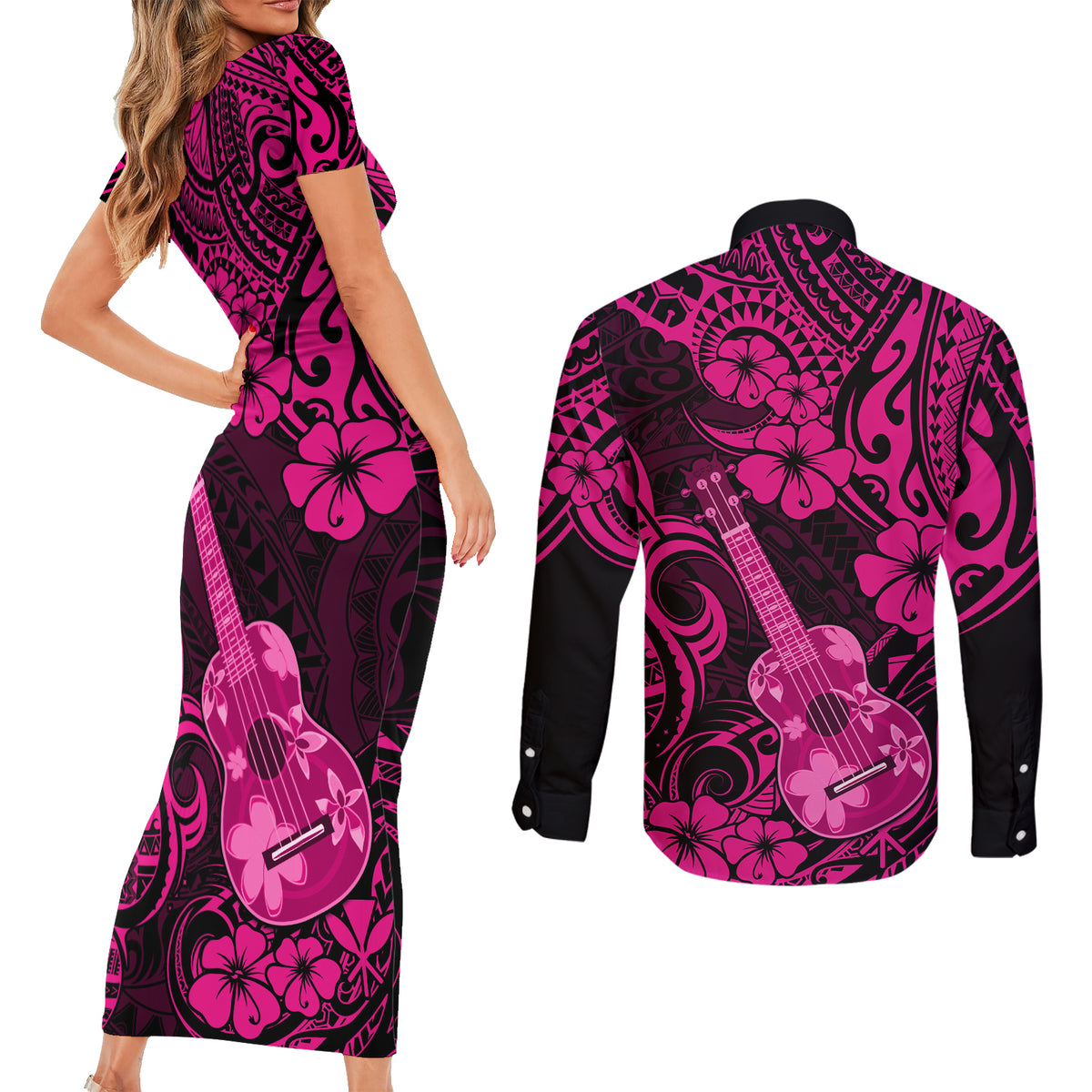 Hawaii Ukulele Couples Matching Short Sleeve Bodycon Dress and Long Sleeve Button Shirts Polynesian Pattern Pink Version - Wonder Print Shop