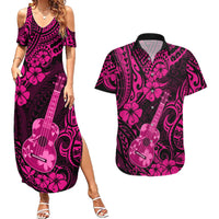 Hawaii Ukulele Couples Matching Summer Maxi Dress and Hawaiian Shirt Polynesian Pattern Pink Version - Wonder Print Shop