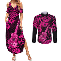 Hawaii Ukulele Couples Matching Summer Maxi Dress and Long Sleeve Button Shirts Polynesian Pattern Pink Version - Wonder Print Shop