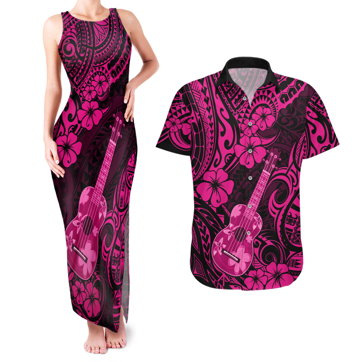Hawaii Ukulele Couples Matching Tank Maxi Dress and Hawaiian Shirt Polynesian Pattern Pink Version - Wonder Print Shop