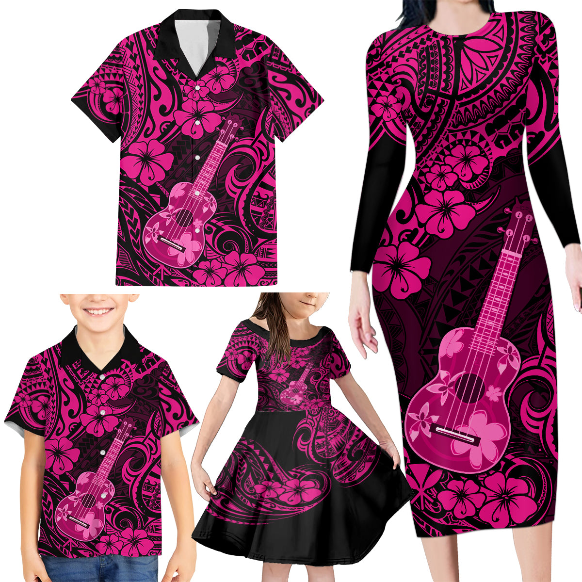 Hawaii Ukulele Family Matching Long Sleeve Bodycon Dress and Hawaiian Shirt Polynesian Pattern Pink Version - Wonder Print Shop
