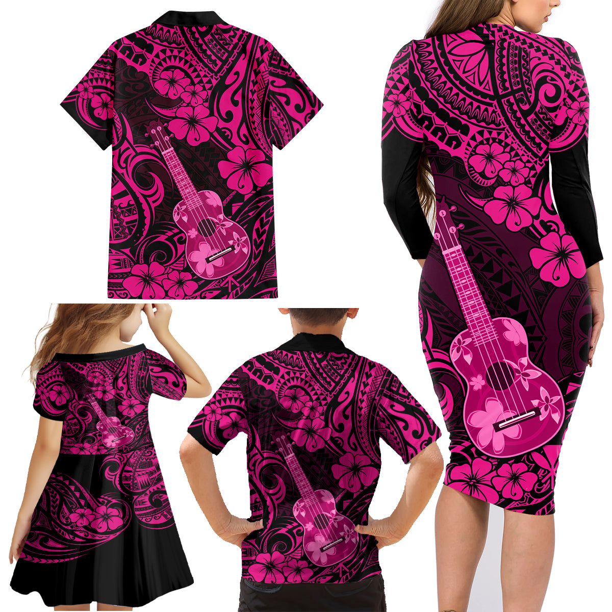 Hawaii Ukulele Family Matching Long Sleeve Bodycon Dress and Hawaiian Shirt Polynesian Pattern Pink Version - Wonder Print Shop