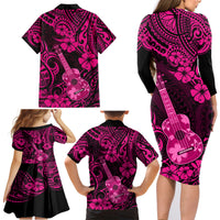 Hawaii Ukulele Family Matching Long Sleeve Bodycon Dress and Hawaiian Shirt Polynesian Pattern Pink Version - Wonder Print Shop