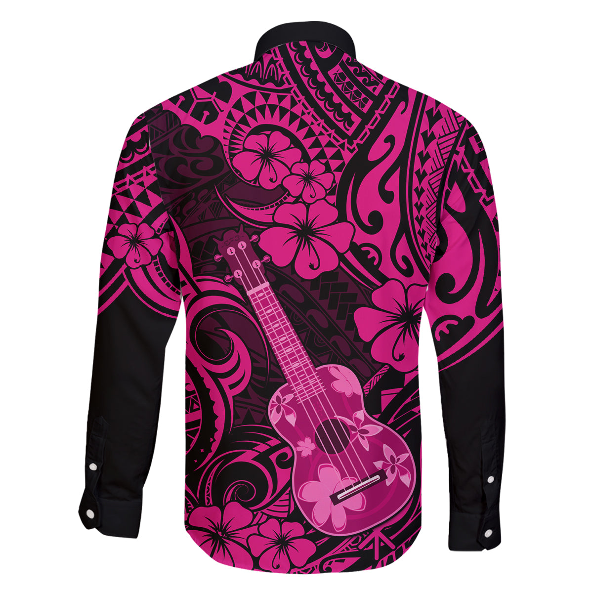 Hawaii Ukulele Family Matching Long Sleeve Bodycon Dress and Hawaiian Shirt Polynesian Pattern Pink Version - Wonder Print Shop