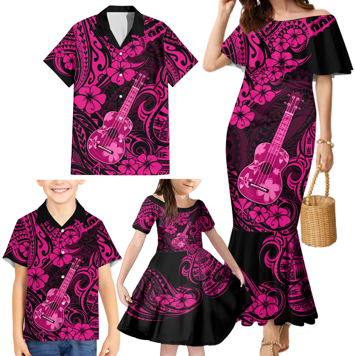 Hawaii Ukulele Family Matching Mermaid Dress and Hawaiian Shirt Polynesian Pattern Pink Version - Wonder Print Shop