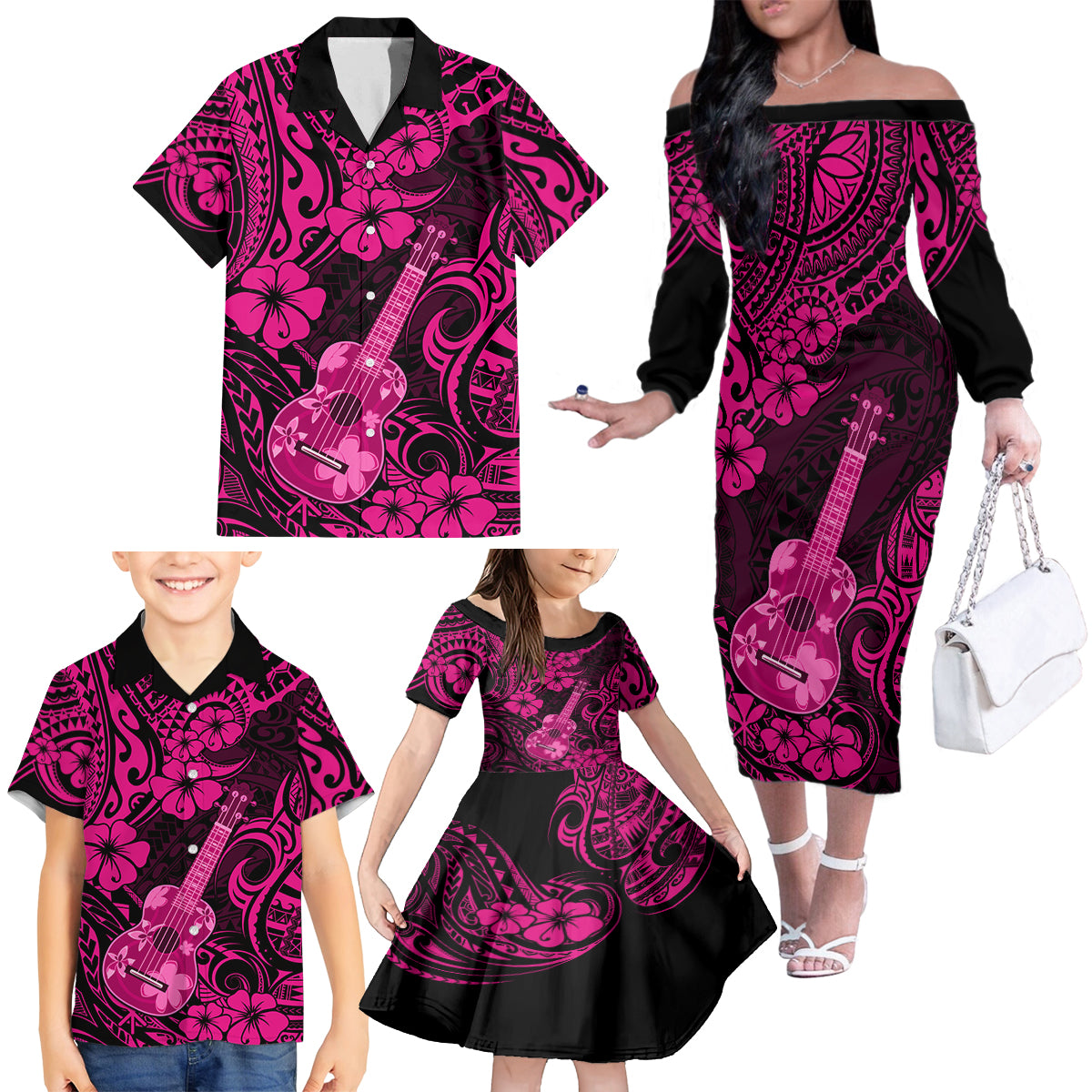 Hawaii Ukulele Family Matching Off Shoulder Long Sleeve Dress and Hawaiian Shirt Polynesian Pattern Pink Version - Wonder Print Shop