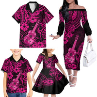 Hawaii Ukulele Family Matching Off Shoulder Long Sleeve Dress and Hawaiian Shirt Polynesian Pattern Pink Version - Wonder Print Shop