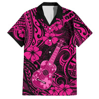 Hawaii Ukulele Family Matching Off Shoulder Long Sleeve Dress and Hawaiian Shirt Polynesian Pattern Pink Version - Wonder Print Shop