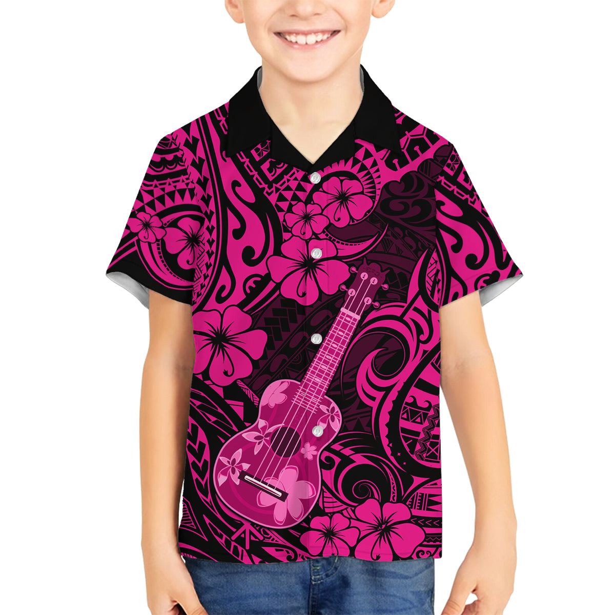 Hawaii Ukulele Family Matching Off Shoulder Long Sleeve Dress and Hawaiian Shirt Polynesian Pattern Pink Version - Wonder Print Shop