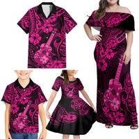 Hawaii Ukulele Family Matching Off Shoulder Maxi Dress and Hawaiian Shirt Polynesian Pattern Pink Version - Wonder Print Shop