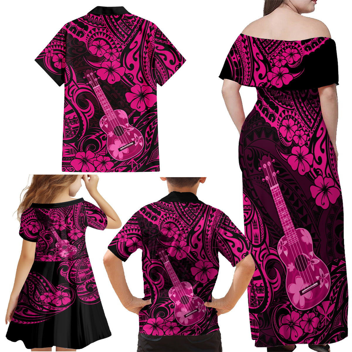 Hawaii Ukulele Family Matching Off Shoulder Maxi Dress and Hawaiian Shirt Polynesian Pattern Pink Version - Wonder Print Shop