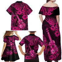 Hawaii Ukulele Family Matching Off Shoulder Maxi Dress and Hawaiian Shirt Polynesian Pattern Pink Version - Wonder Print Shop