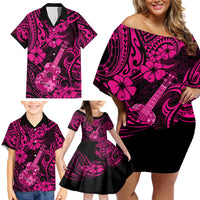 Hawaii Ukulele Family Matching Off Shoulder Short Dress and Hawaiian Shirt Polynesian Pattern Pink Version - Wonder Print Shop