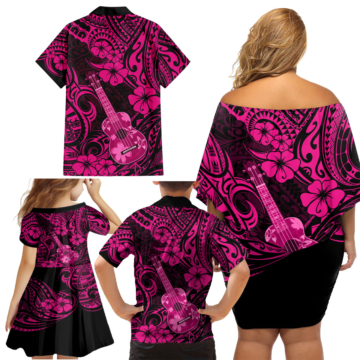Hawaii Ukulele Family Matching Off Shoulder Short Dress and Hawaiian Shirt Polynesian Pattern Pink Version - Wonder Print Shop