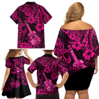 Hawaii Ukulele Family Matching Off Shoulder Short Dress and Hawaiian Shirt Polynesian Pattern Pink Version - Wonder Print Shop