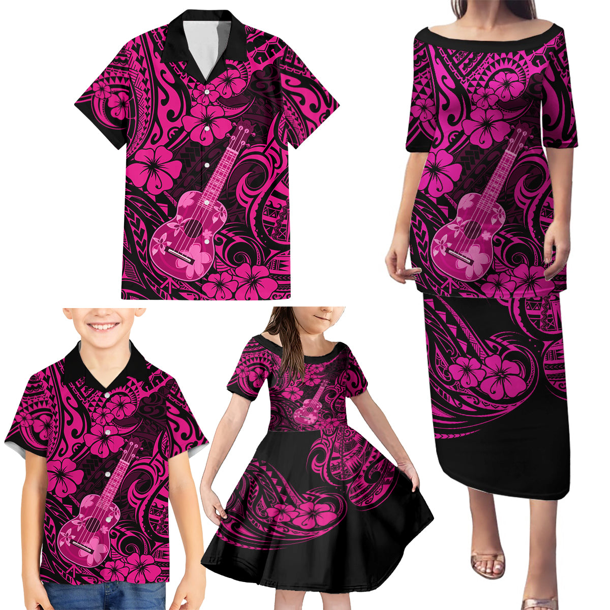 Hawaii Ukulele Family Matching Puletasi Dress and Hawaiian Shirt Polynesian Pattern Pink Version - Wonder Print Shop