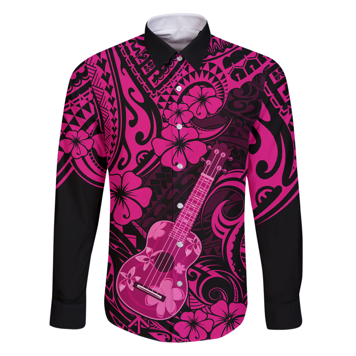 Hawaii Ukulele Family Matching Puletasi Dress and Hawaiian Shirt Polynesian Pattern Pink Version - Wonder Print Shop