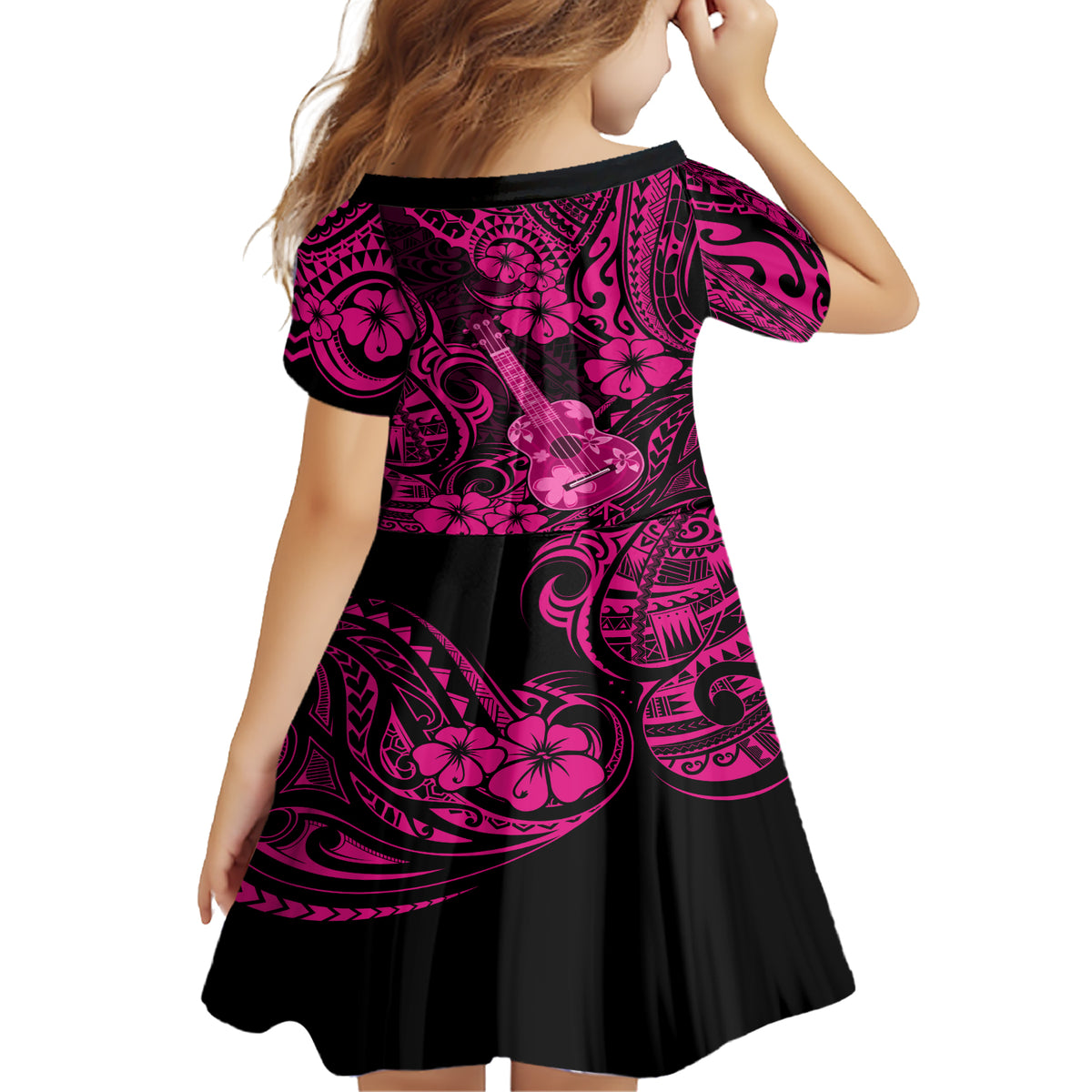 Hawaii Ukulele Family Matching Short Sleeve Bodycon Dress and Hawaiian Shirt Polynesian Pattern Pink Version - Wonder Print Shop