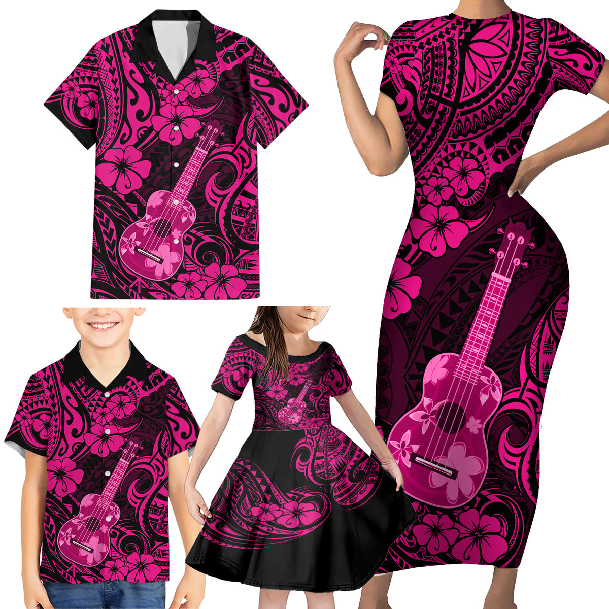 Hawaii Ukulele Family Matching Short Sleeve Bodycon Dress and Hawaiian Shirt Polynesian Pattern Pink Version - Wonder Print Shop