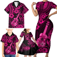 Hawaii Ukulele Family Matching Short Sleeve Bodycon Dress and Hawaiian Shirt Polynesian Pattern Pink Version - Wonder Print Shop