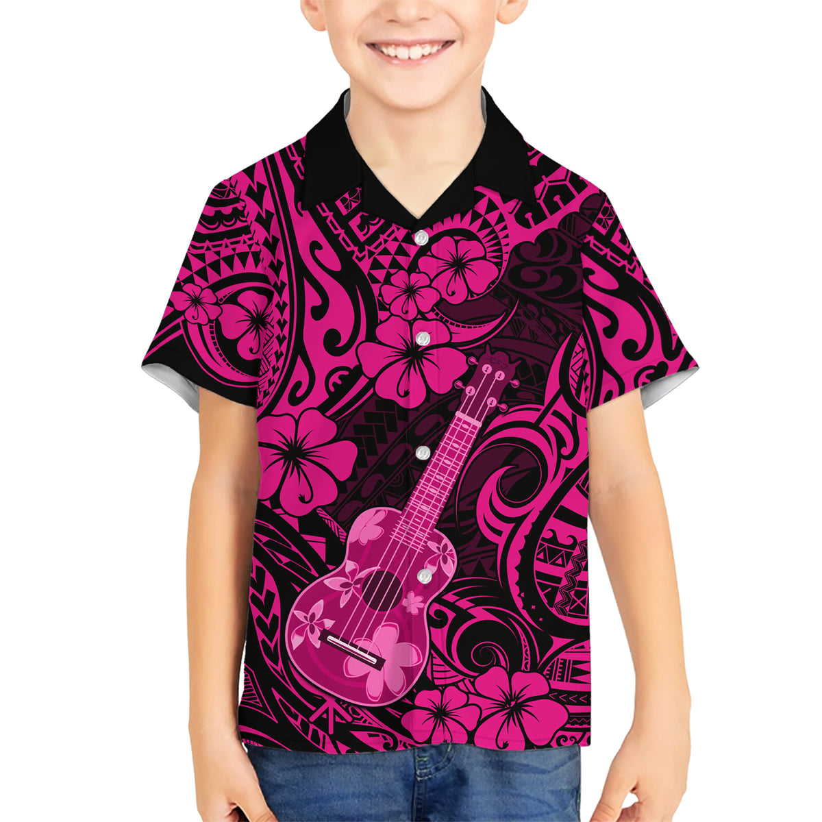 Hawaii Ukulele Family Matching Short Sleeve Bodycon Dress and Hawaiian Shirt Polynesian Pattern Pink Version - Wonder Print Shop
