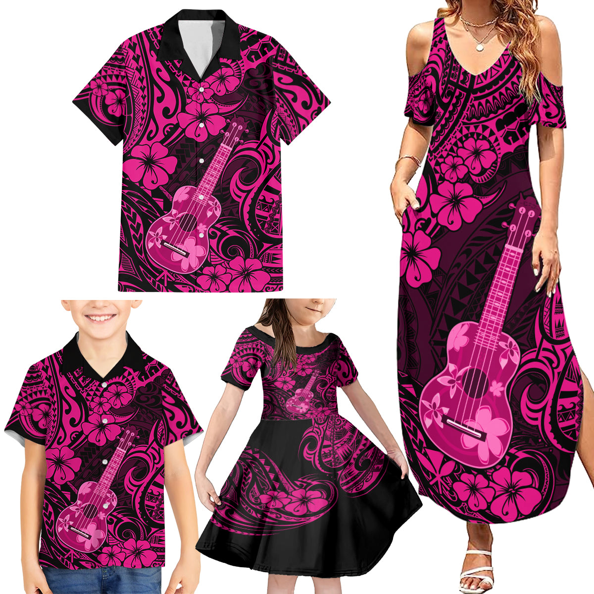 Hawaii Ukulele Family Matching Summer Maxi Dress and Hawaiian Shirt Polynesian Pattern Pink Version - Wonder Print Shop