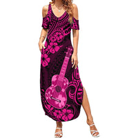 Hawaii Ukulele Family Matching Summer Maxi Dress and Hawaiian Shirt Polynesian Pattern Pink Version - Wonder Print Shop