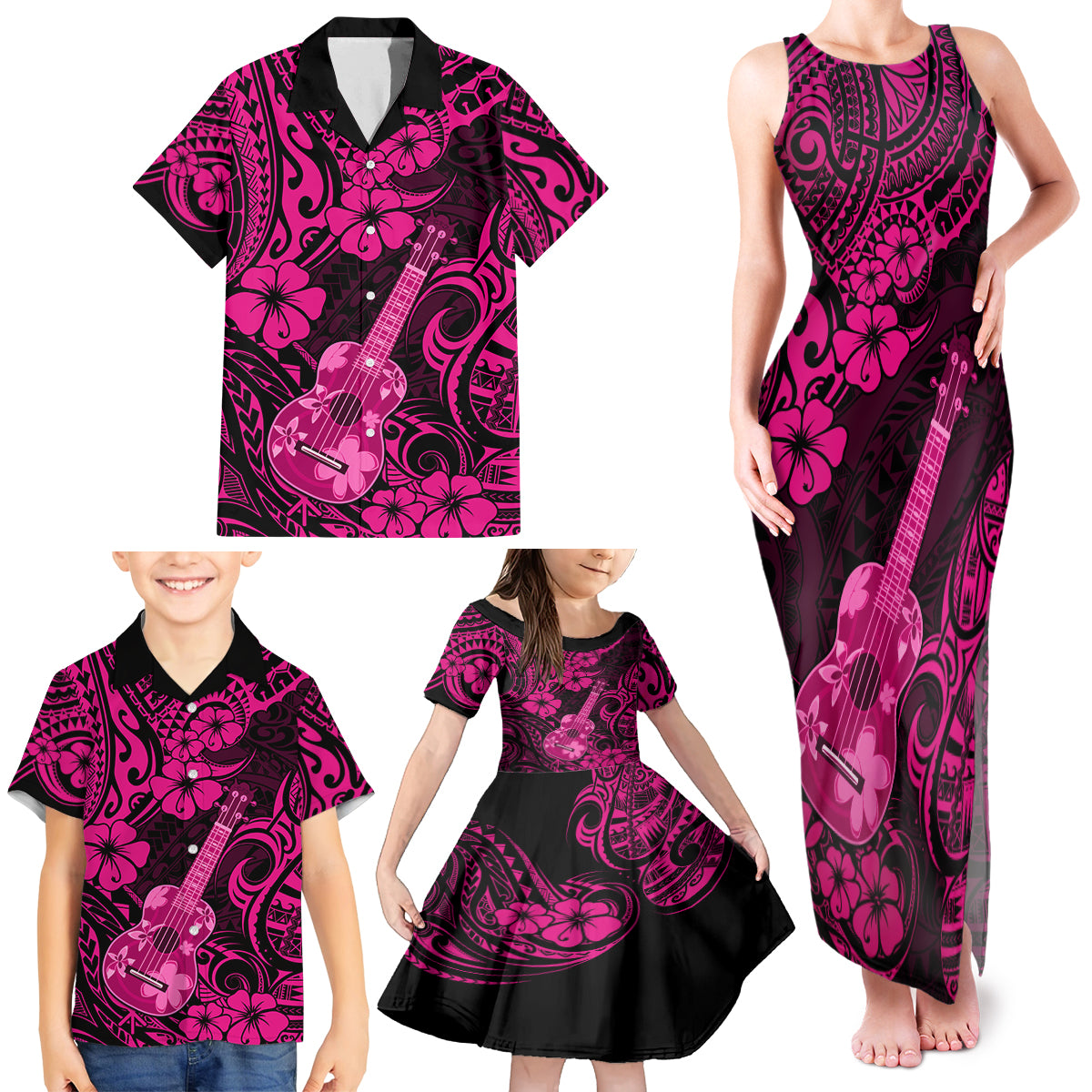 Hawaii Ukulele Family Matching Tank Maxi Dress and Hawaiian Shirt Polynesian Pattern Pink Version - Wonder Print Shop