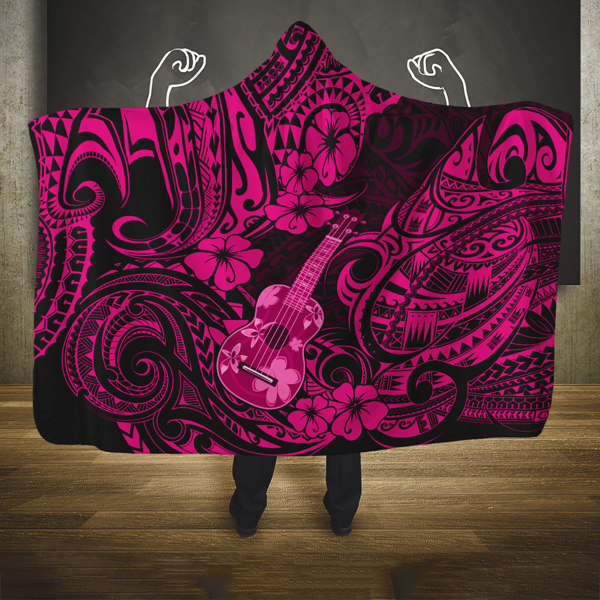 hawaii-ukulele-hooded-blanket-polynesian-pattern-pink-version