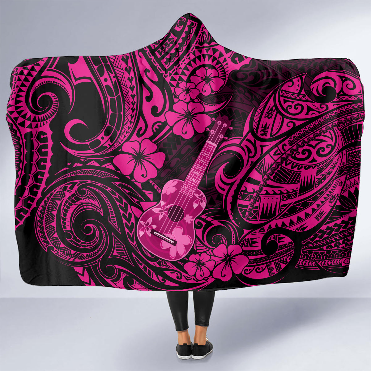 hawaii-ukulele-hooded-blanket-polynesian-pattern-pink-version